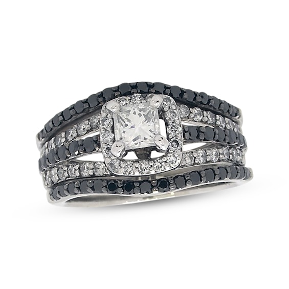 Previously Owned Black & White Diamond Bridal Set 1-1/3 ct tw Princess Round-Cut 14K Gold 6.5