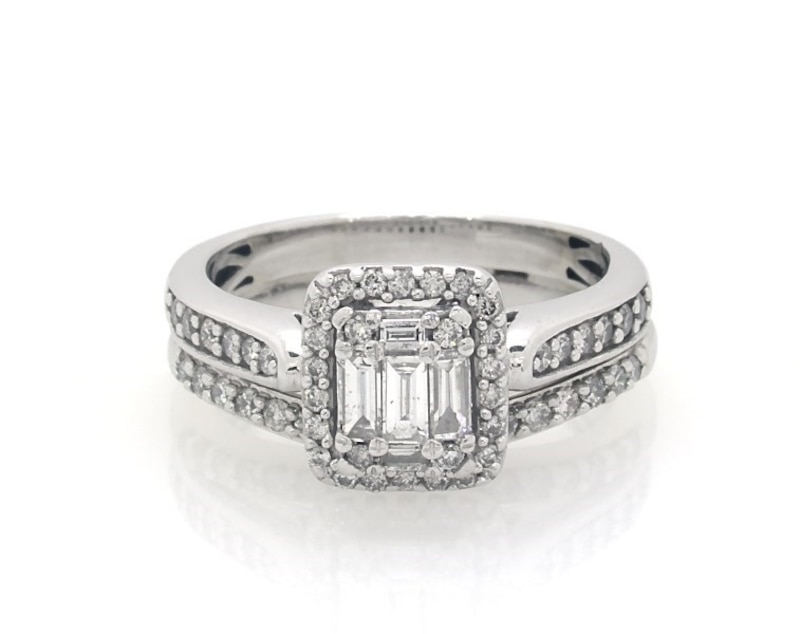 Main Image 1 of Previously Owned Baguette-Cut Diamond Halo Bridal Set 5/8 ct tw 14K White Gold Size 5