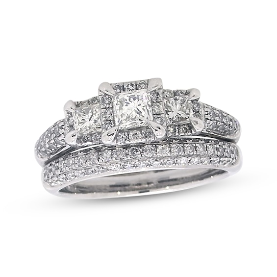 Previously Owned Princess-Cut Diamond Three-Stone Bridal Set 1-3/8 ct tw 14K White Gold 5