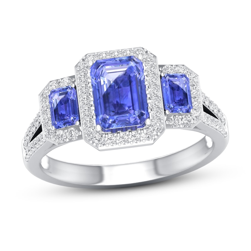 Previously Owned Tanzanite & Diamond Engagement Ring 1/3 ct tw Emerald/Round-cut 10K White Gold Size 6