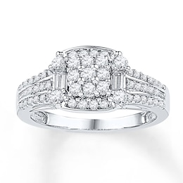 Previously Owned Baguette & Round-Cut Diamond Cushion Halo Promise Ring 5/8 ct tw 10K White Gold