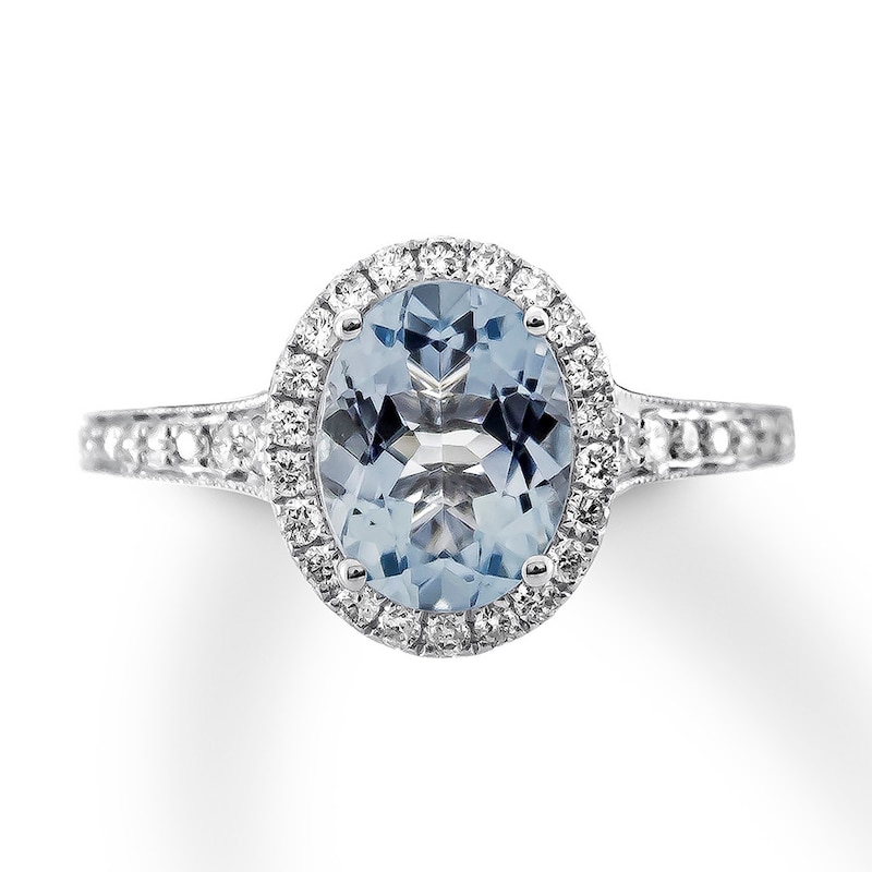 Previously Owned Aquamarine Engagement Ring 1/4 ct tw Oval & Round-cut Diamonds 14K White Gold