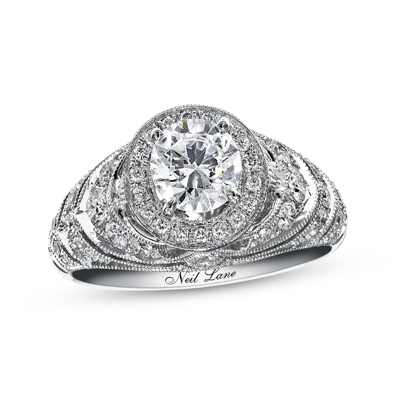 Main Image 1 of Previously Owned Neil Lane Round-Cut Diamond Halo Draped Engagement Ring 1-1/5 ct tw 14K White Gold Size 4