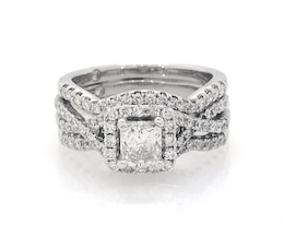 Previously Owned THE LEO Diamond Radiant-Cut Halo Bridal Set 1-1/2 ct tw 14K White Gold Size 6.25