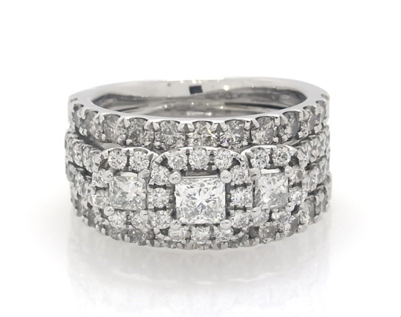 Main Image 1 of Previously Owned Princess-Cut Diamond Three-Stone Halo Bridal Set 1-7/8 ct tw 14K White Gold Size 3.5