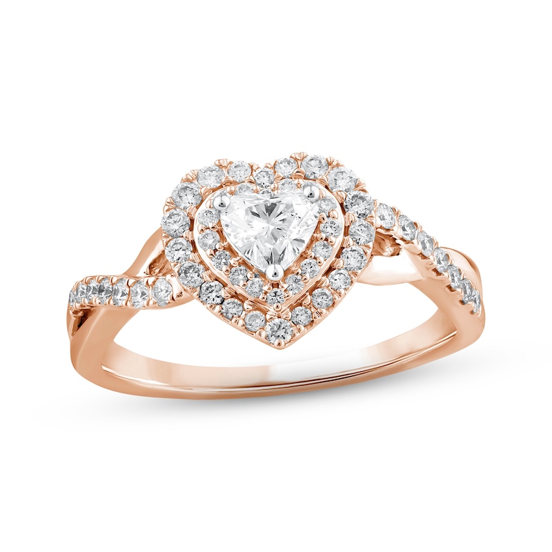 Main Image 1 of Previously Owned Diamond Halo Engagement Ring 5/8 ct tw Heart & Round-cut 14K Rose Gold