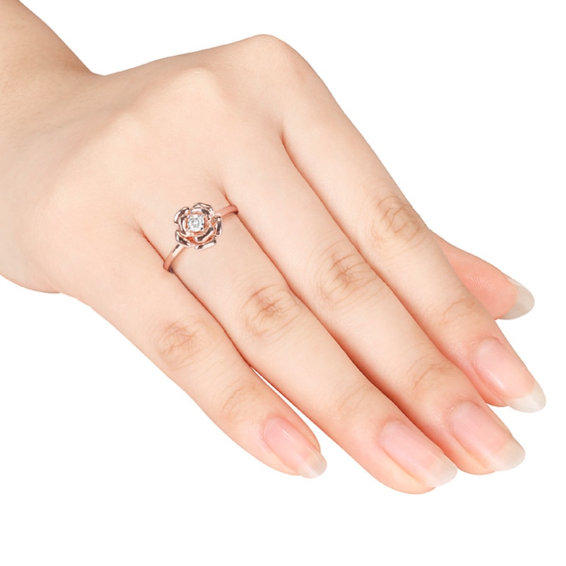 Main Image 3 of Previously Owned Diamond Flower Promise Ring 1/8 ct tw Round-cut 10K Rose Gold