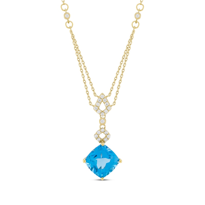 Main Image 1 of Cushion-Cut Swiss Blue Topaz & Diamond Double-Strand Necklace 1/5 ct tw 10K Yellow Gold 18&quot;