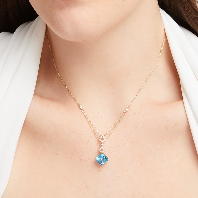 Main Image 2 of Cushion-Cut Swiss Blue Topaz & Diamond Double-Strand Necklace 1/5 ct tw 10K Yellow Gold 18&quot;