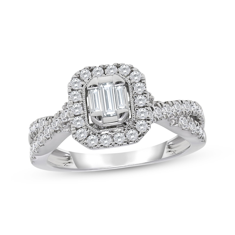 Main Image 1 of Baguette-Cut Multi-Diamond Halo Engagement Ring 3/4 ct tw 14K White Gold