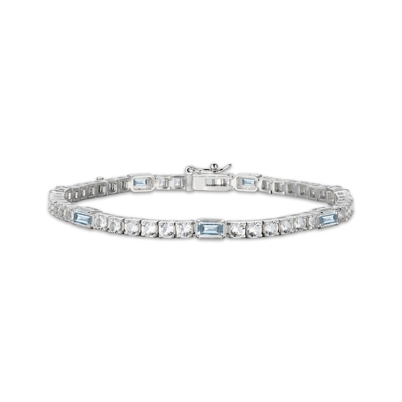 Emerald-Cut Aquamarine & White Lab-Created Sapphire Station Bracelet Sterling Silver 7.25"