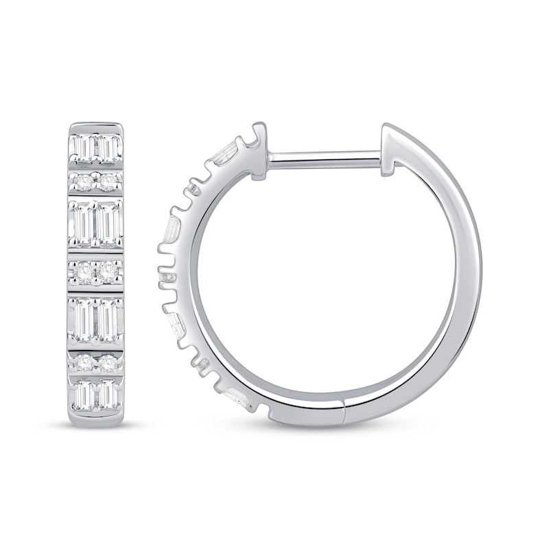 Main Image 1 of Baguette & Round-Cut Diamond Hoop Earrings 1/3 ct tw 10K White Gold