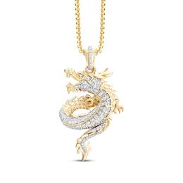 Men's Black & White Diamond Double-Sided Dragon Diamond-Cut Necklace 1/3 ct tw 10K Yellow Gold 22&quot;