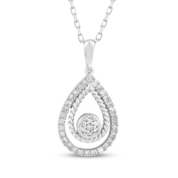 Threads of Love Multi-Diamond Center Teardrop Halo Necklace 1/5 ct tw Sterling Silver 18&quot;