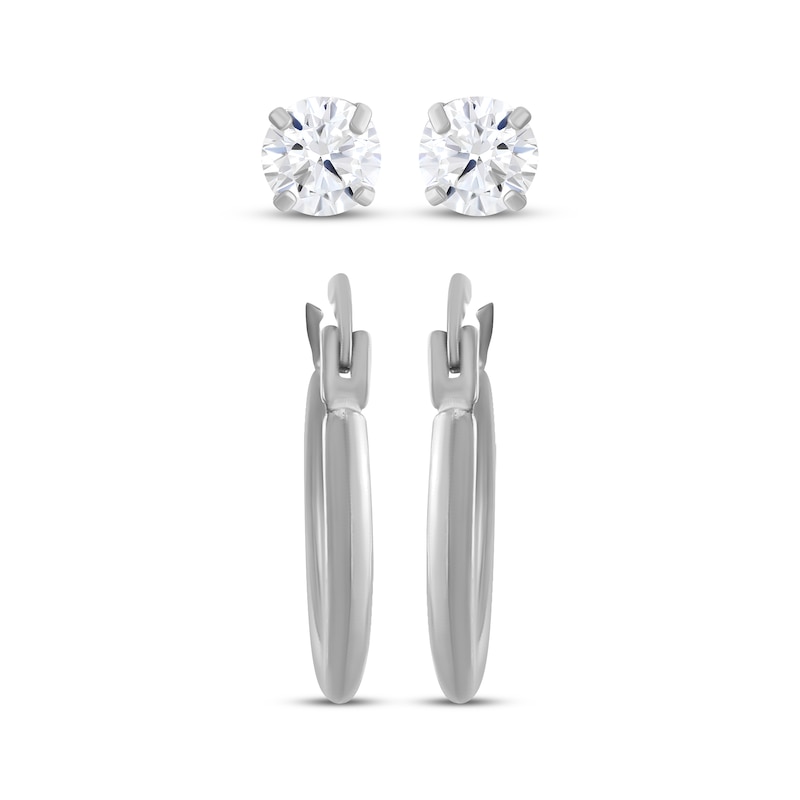 Main Image 2 of Cubic Zirconia Solitaire Stud & Polished Hoop Earrings Set 14K White Gold