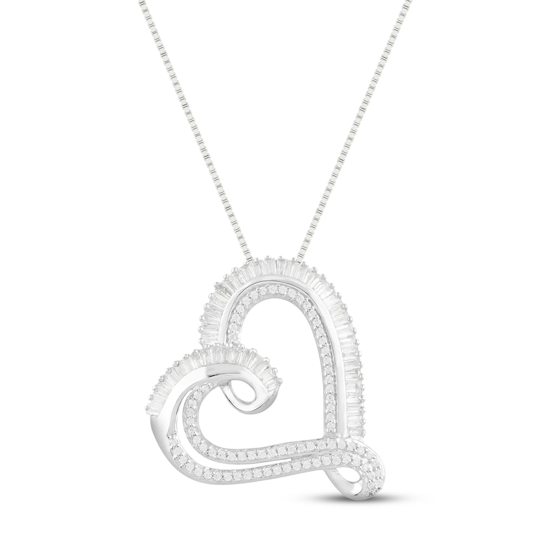 Main Image 1 of Previously Owned Diamond Heart Necklace 1/2 ct tw Round & Baguette-cut 10K White Gold 18&quot;