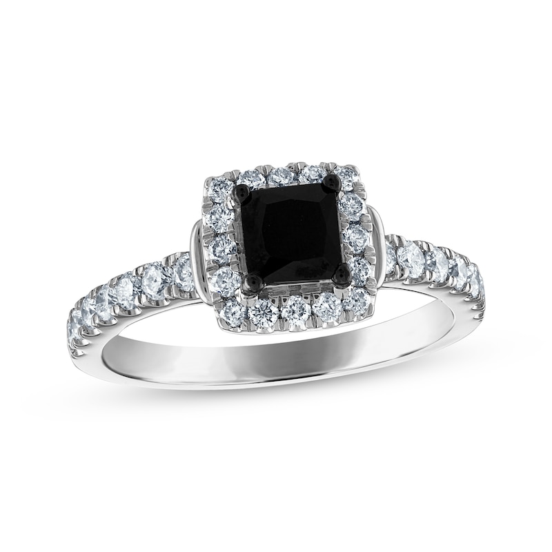 Main Image 1 of Previously Owned Princess-Cut Black Diamond & Round-Cut White Diamond Engagement Ring 1-1/5 ct tw 14K White Gold