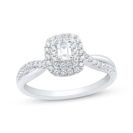 Previously Owned Emerald-Cut Diamond Double Halo Engagement Ring 1/2 ct tw 14K White Gold