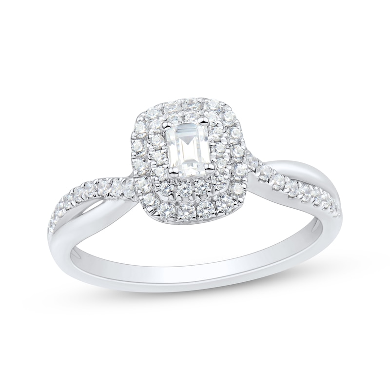 Main Image 1 of Previously Owned Emerald-Cut Diamond Double Halo Engagement Ring 1/2 ct tw 14K White Gold