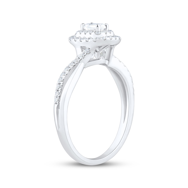 Main Image 2 of Previously Owned Emerald-Cut Diamond Double Halo Engagement Ring 1/2 ct tw 14K White Gold