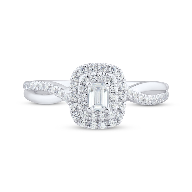 Main Image 3 of Previously Owned Emerald-Cut Diamond Double Halo Engagement Ring 1/2 ct tw 14K White Gold