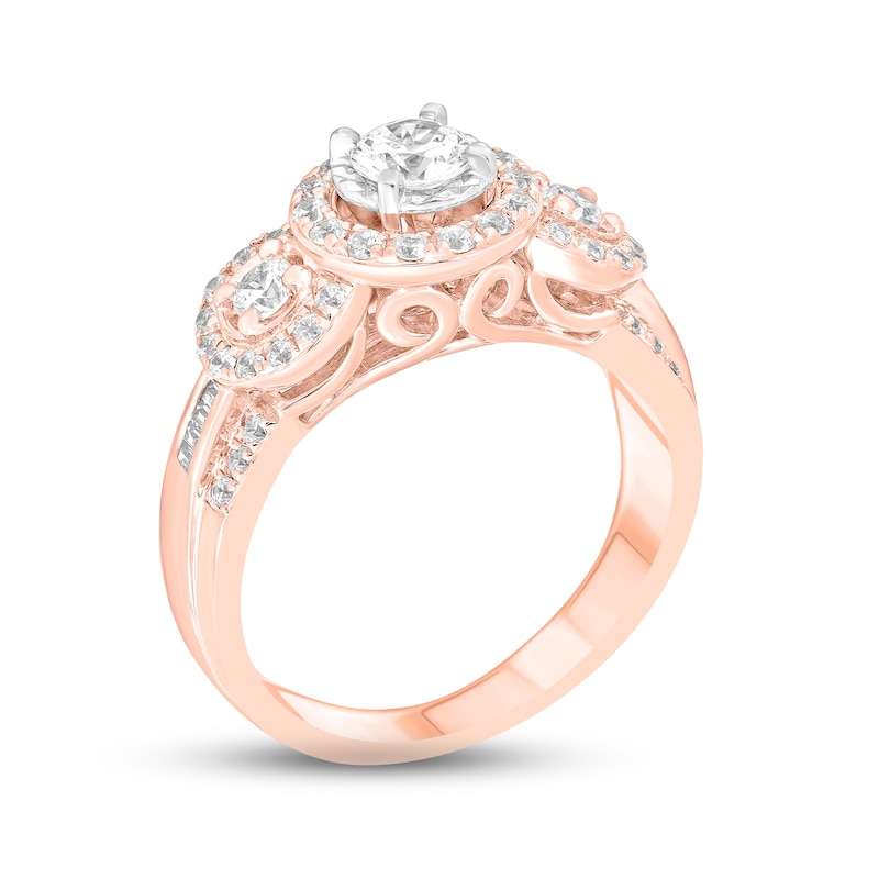 Main Image 2 of Previously Owned Diamond Three-Stone Engagement Ring 1 ct tw Round & Baguette-cut 14K Rose Gold