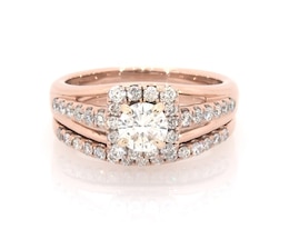 Previously Owned Round-Cut Diamond Halo Bridal Set 1 ct tw 14K Rose Gold Size 6.25