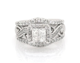 Previously Owned Princess-Cut Quad Diamond Halo Bridal Set 1 ct tw 14K White Gold Size 6.75