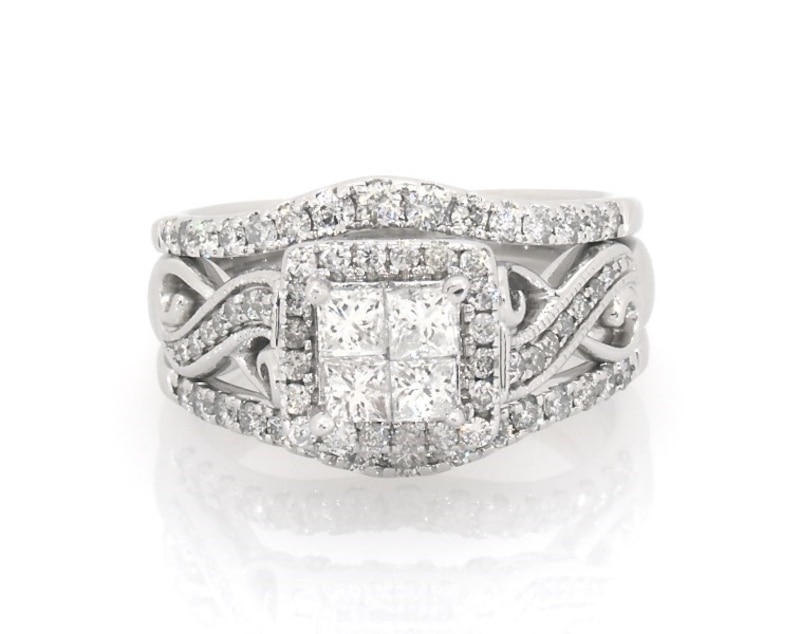 Main Image 1 of Previously Owned Princess-Cut Quad Diamond Halo Bridal Set 1 ct tw 14K White Gold Size 6.75