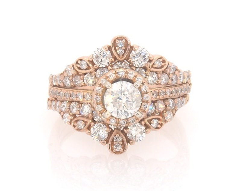 Main Image 1 of Previously Owned Round-Cut Diamond Halo Bridal Set 1-7/8 ct tw 14K Two-Tone Gold Size 7.75