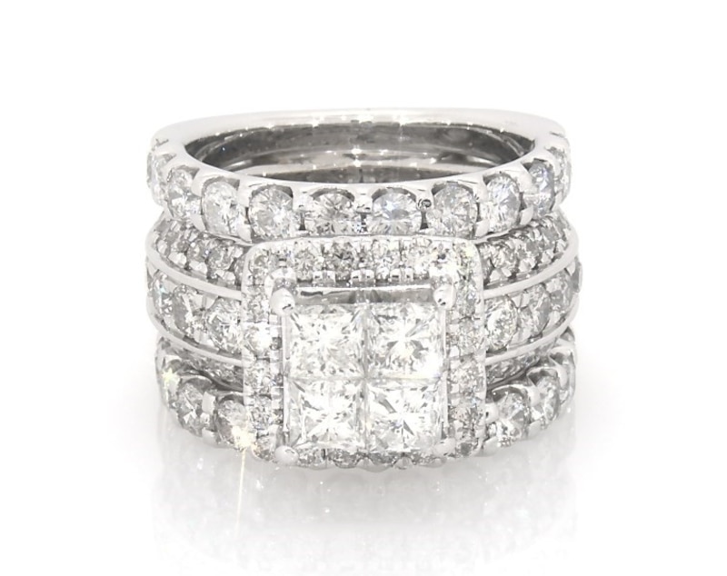 Main Image 1 of Previously Owned Princess-Cut Quad Diamond Halo Bridal Set 4-3/8 ct tw 14K White Gold Size 5