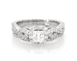 Previously Owned THE LEO Diamond Princess-Cut Halo Bridal Set 1-1/8 ct tw 14K White Gold Size 6.5