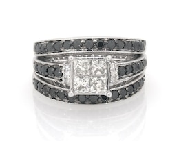 Previously Owned Princess-Cut Quad White Diamond & Black Diamond Bridal Set 1-3/8 ct tw 14K White Gold Size 5