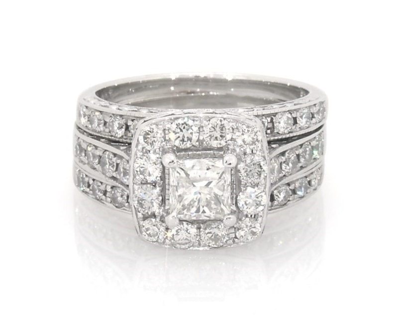 Main Image 1 of Previously Owned Princess-Cut Diamond Halo Bridal Set 1-7/8 ct tw 14K White Gold Size 6.25