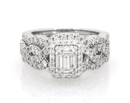 Previously Owned Baguette-Cut Multi-Diamond Halo Bridal Set 1-1/4 ct tw 14K White Gold Size 6