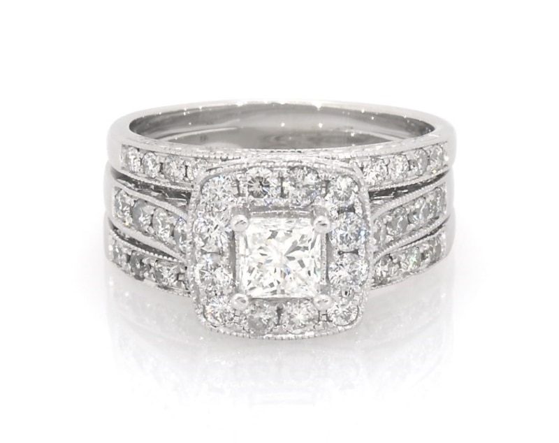 Main Image 1 of Previously Owned Princess-Cut Diamond Halo Bridal Set 1-7/8 ct tw 14K White Gold Size 8.75