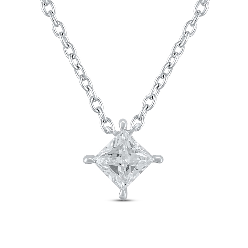 Main Image 1 of Previously Owned KAY Lab-Grown Diamonds Princess-Cut Solitaire Necklace 1/2 ct tw 14K White Gold 19&quot; (F/SI2)