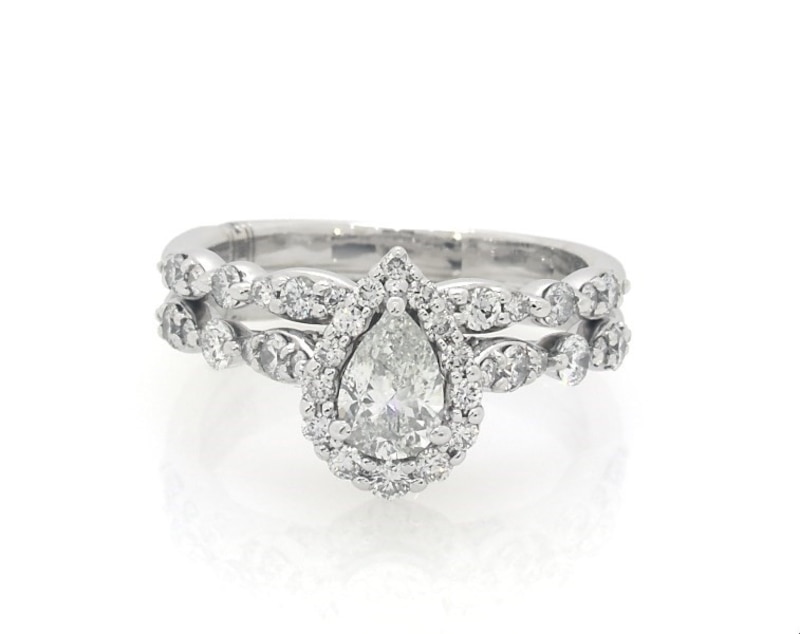 Main Image 1 of Previously Owned Monique Lhuillier Bliss Pear-Shaped Diamond Halo Bridal Set 1-1/5 ct tw 18K White Gold Size 6