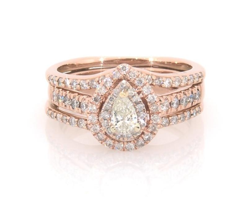 Main Image 1 of Previously Owned Pear-Shaped Diamond Double Halo Bridal Set 5/8 ct tw 14K Rose Gold Size 5.25