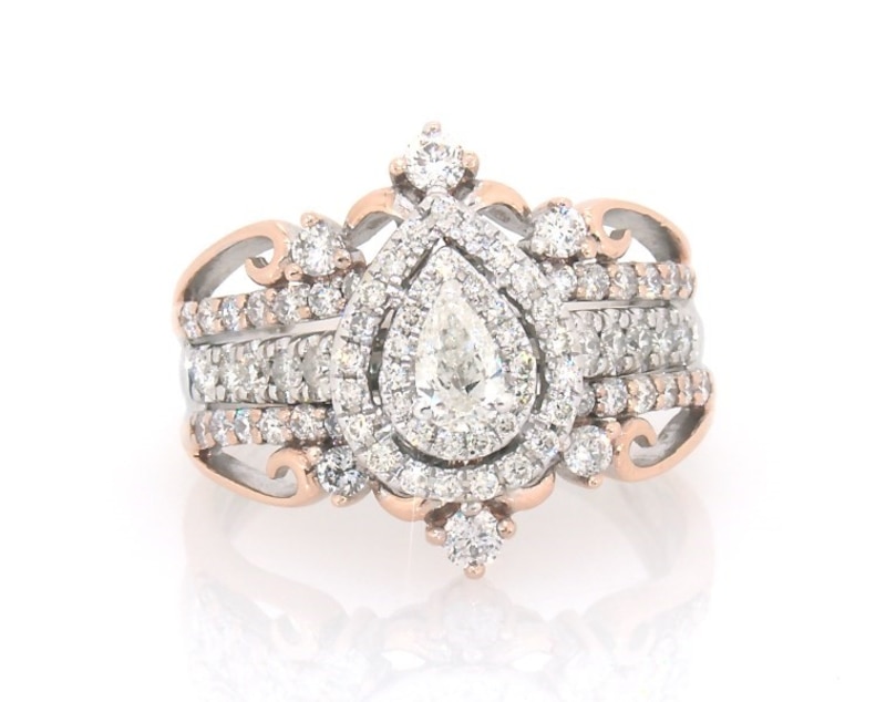 Main Image 1 of Previously Owned Pear-Shaped Diamond Double Halo Bridal Set 7/8 ct tw 14K Two-Tone Gold Size 6