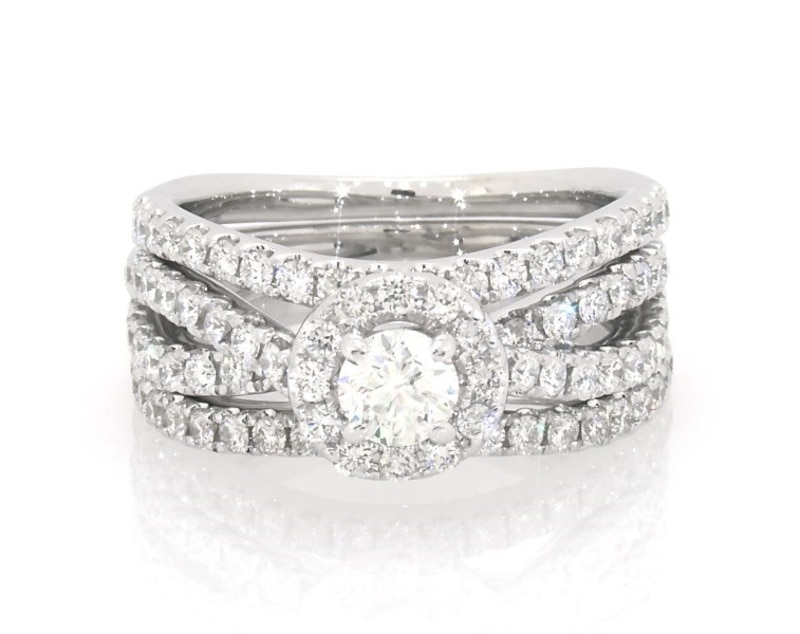 Main Image 1 of Previously Owned THE LEO First Light Diamond Round-Cut Halo Bridal Set 1-1/4 ct tw 14K White Gold Size 5.75