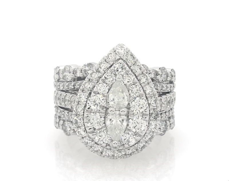 Main Image 1 of Previously Owned Pear-Shaped Diamond Two-Stone Double Halo Bridal Set 3-1/4 ct tw 14K White Gold Size 4.75