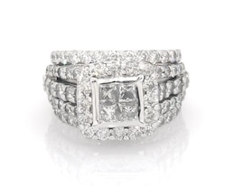 Previously Owned Princess-Cut Quad Diamond Halo Bridal Set 3-7/8 ct tw 14K White Gold Size 6.5