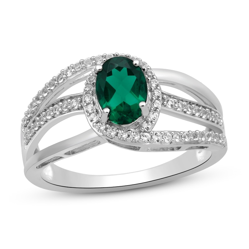 Main Image 1 of Lab-Created Emerald & White Lab-Created Sapphire Ring Sterling Silver - Size 7