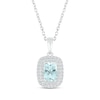 Thumbnail Image 0 of Cushion-Cut Aquamarine & White Lab-Created Sapphire Double Halo Necklace Sterling Silver 18"