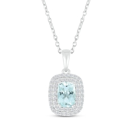 Cushion-Cut Aquamarine & White Lab-Created Sapphire Double Halo Necklace Sterling Silver 18&quot;