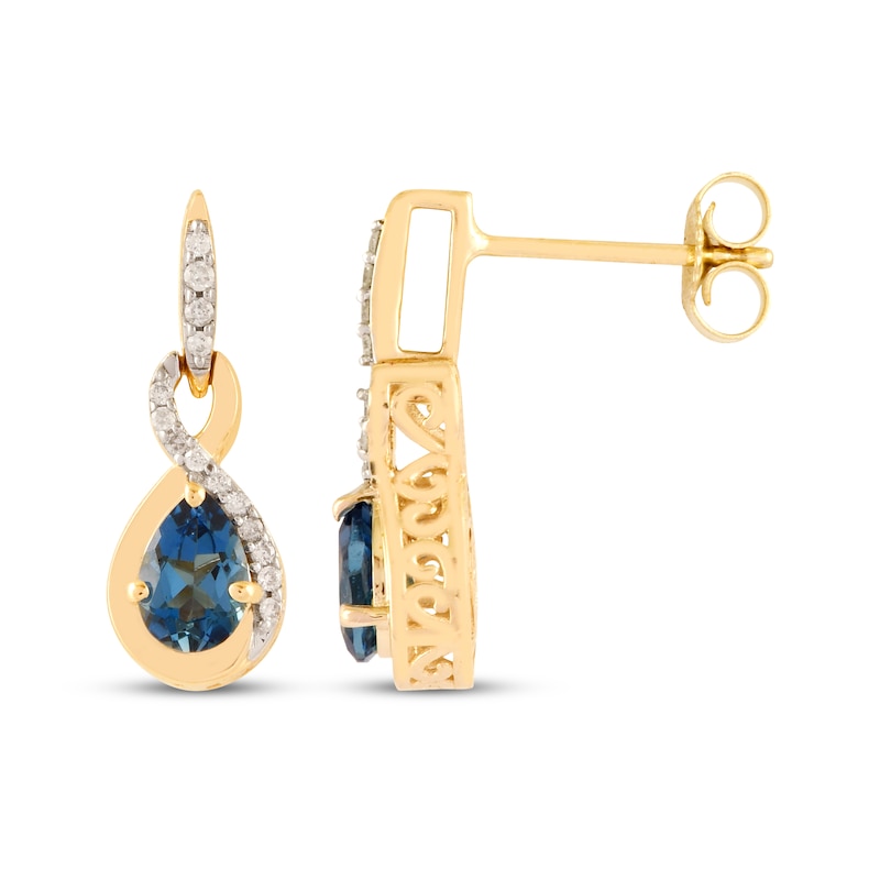 Main Image 1 of Pear-Shaped London Blue Topaz & Diamond Twist Dangle Earrings 1/10 ct tw 10K Yellow Gold