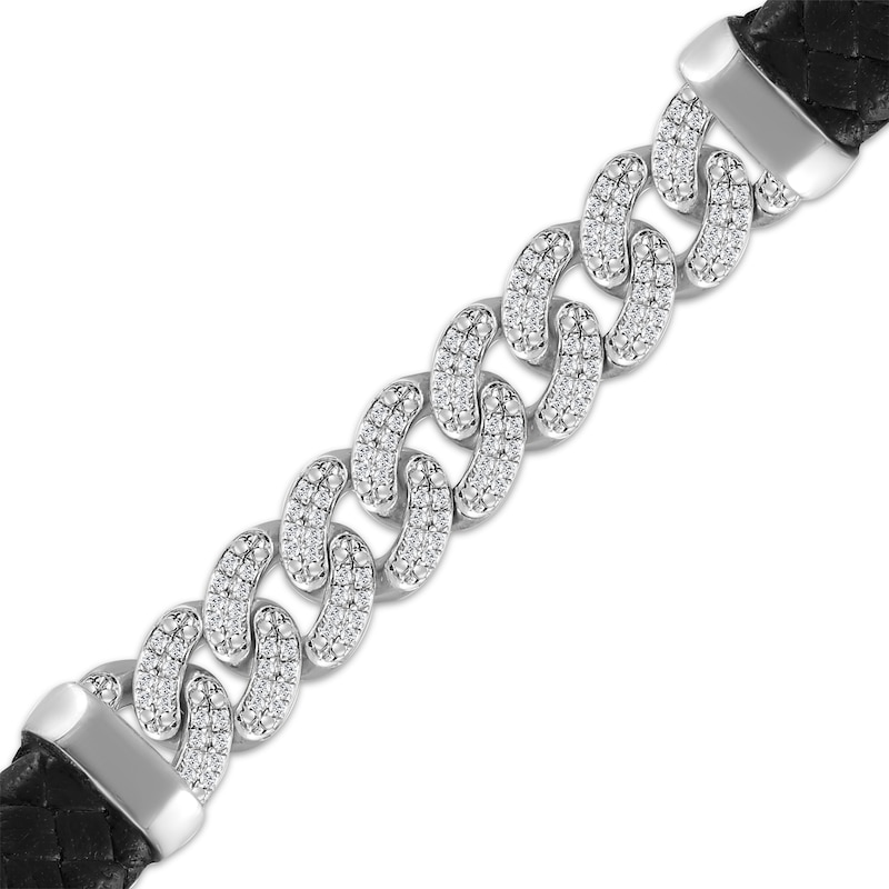 Main Image 2 of Men's Diamond Curb Chain & Braided Black Leather Bracelet 1/2 ct tw Sterling Silver 8&quot;