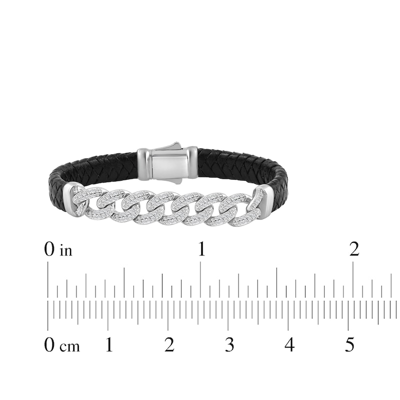 Main Image 5 of Men's Diamond Curb Chain & Braided Black Leather Bracelet 1/2 ct tw Sterling Silver 8&quot;