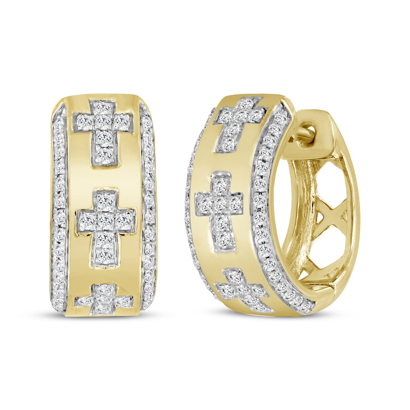 Main Image 1 of Men's Diamond Cross Huggie Hoop Earrings 1/3 ct tw 10K Yellow Gold